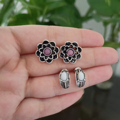 Flower & Long Shape Silver Oxidised Studs Tiny Earrings (Pack of 2)