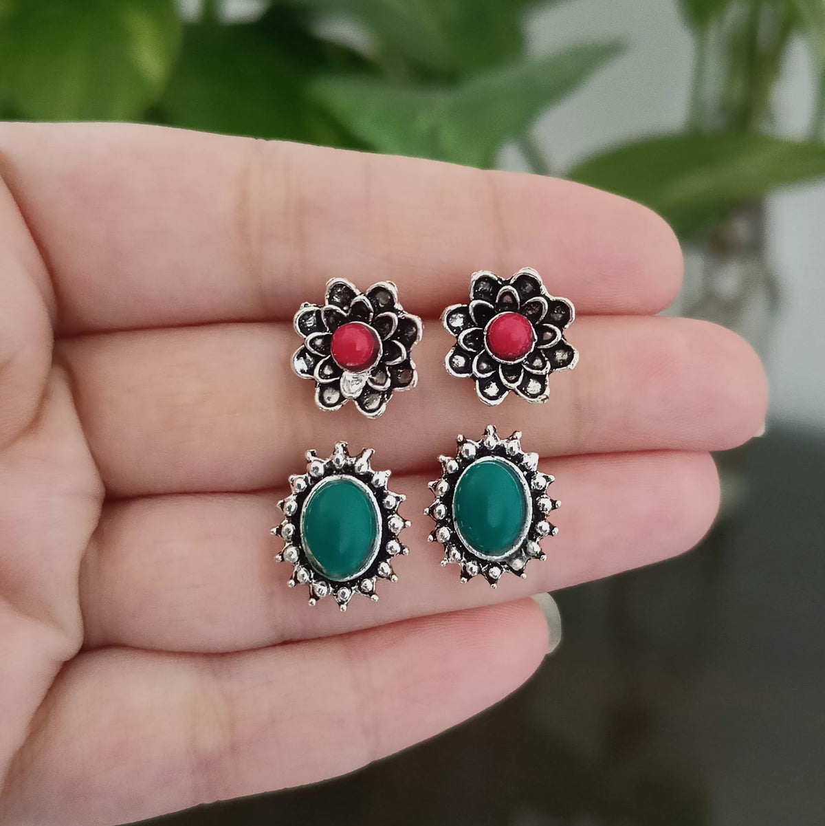 Green & Red Stone Silver Oxidised Studs Tiny Earrings (Pack of 2)