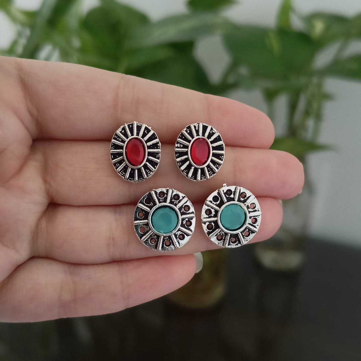 Red & Blue Stone Silver Oxidised Studs Tiny Earrings (Pack of 2)
