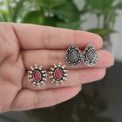 Grey & Pink Color Stone Silver Oxidised Studs Tiny Earrings (Pack of 2)