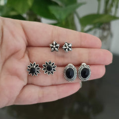 Flower & Oval Shape Black Stone Silver Oxidised Studs Tiny Earrings (Pack of 3)