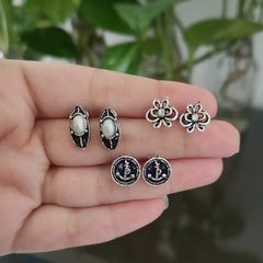 Flower Round & Long Design Silver Oxidised Studs Tiny Earrings (Pack of 3)