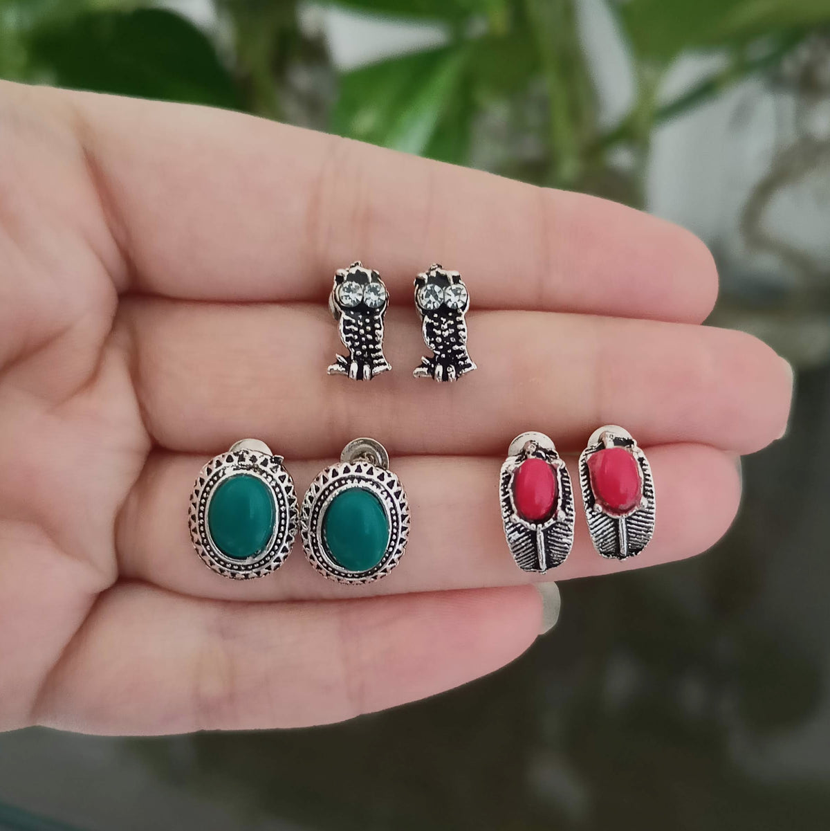 Green, Red & Owl Shape Silver Oxidised Studs Tiny Earrings (Pack of 3)