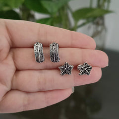 Star Shape & Long Silver Oxidised Studs Tiny Earrings (Pack of 2)