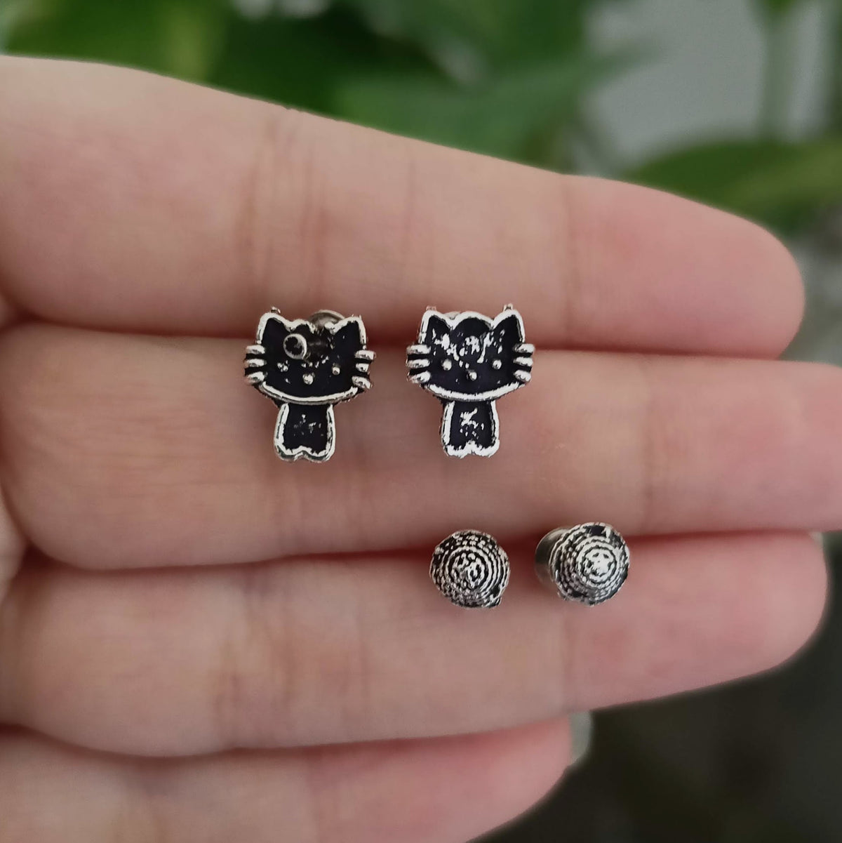 Cute Kitty & Round Silver Oxidised Studs Tiny Earrings (Pack of 2)