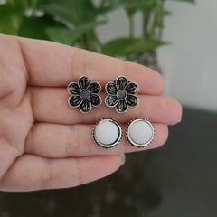 Flower & White Stone Round Silver Oxidised Studs Tiny Earrings (Pack of 2)