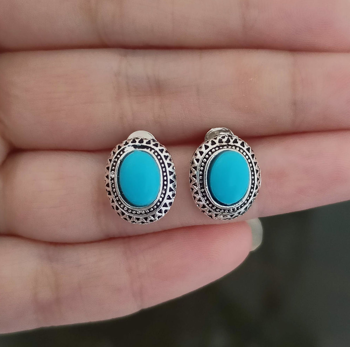 Oval Shape Blue Stone Silver Oxidised Studs Tiny Earrings
