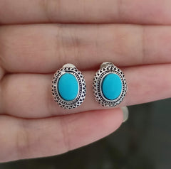 Oval Shape Blue Stone Silver Oxidised Studs Tiny Earrings