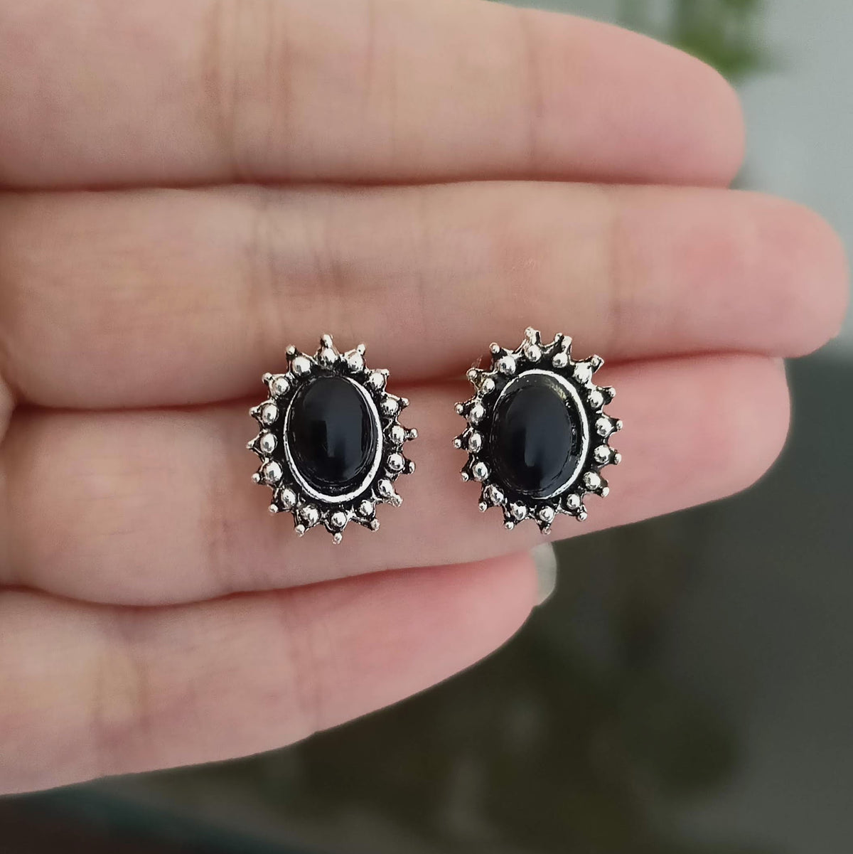 Black Stone Oval Shape Silver Oxidised Studs Tiny Earrings