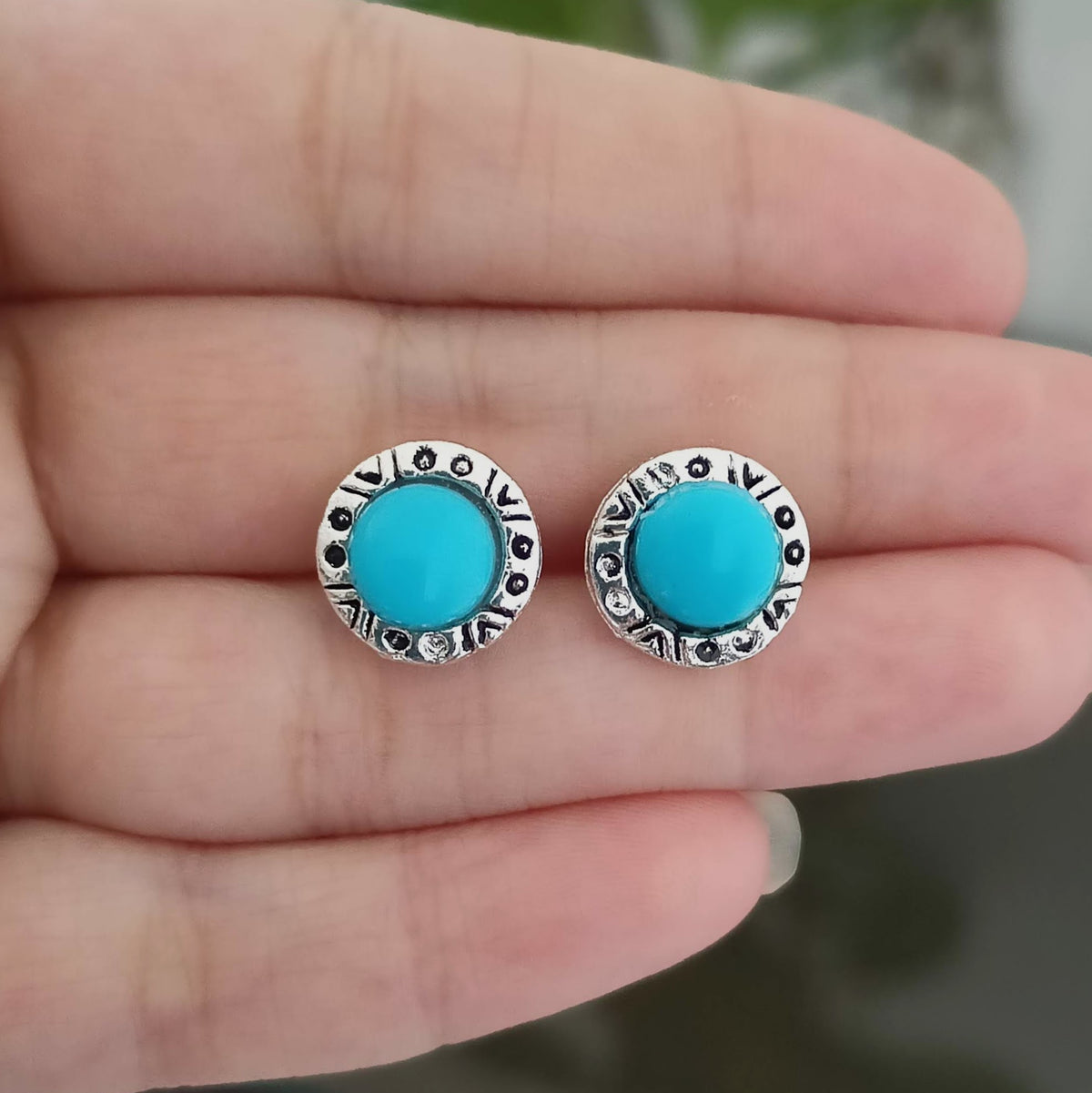 Round Shape Blue Shape Silver Oxidised Studs Tiny Earrings
