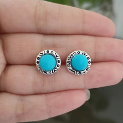 Round Shape Blue Shape Silver Oxidised Studs Tiny Earrings