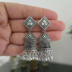Ethnic Style Rainbow Stone Oxidised Silver Earrings