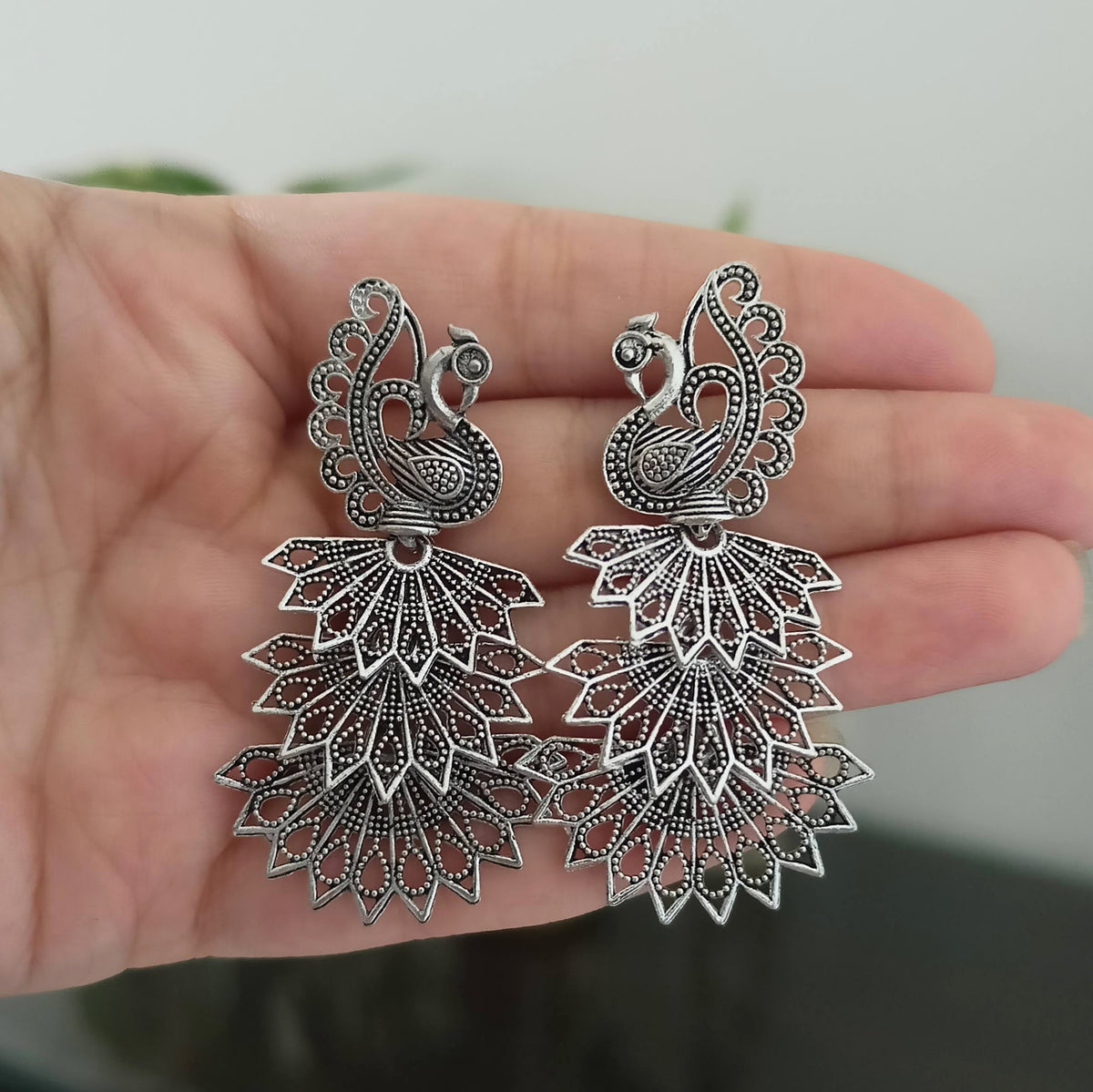 Peacock Dancing Trendy Oxidised Silver Earrings