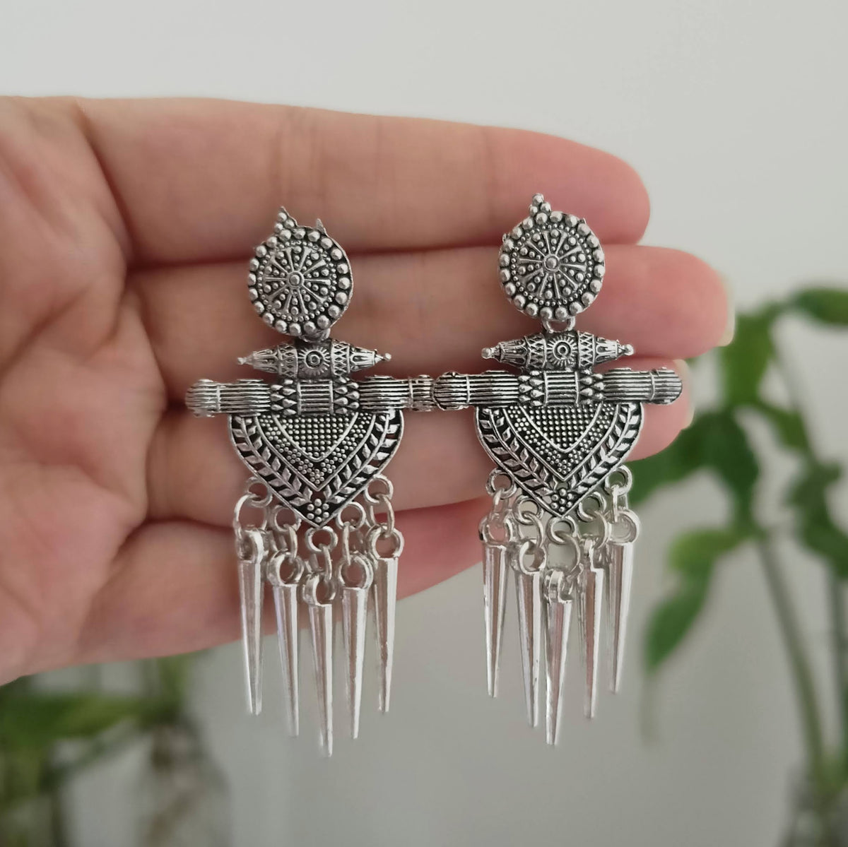Drop Metal Tassels Oxidised Silver Earrings