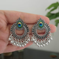 Peacock Sticker Tikka Shape Oxidised Silver Earrings