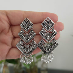 Double Layer Drop Beads Cute Oxidised Silver Earrings