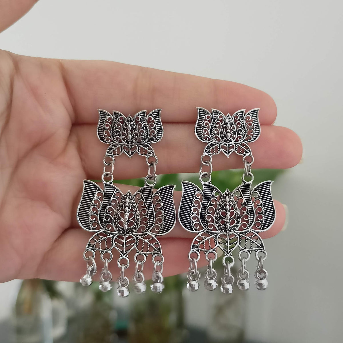 Lotus Shape Drop Beads Cute Oxidised Silver Earrings