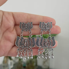 Lotus Shape Drop Beads Cute Oxidised Silver Earrings