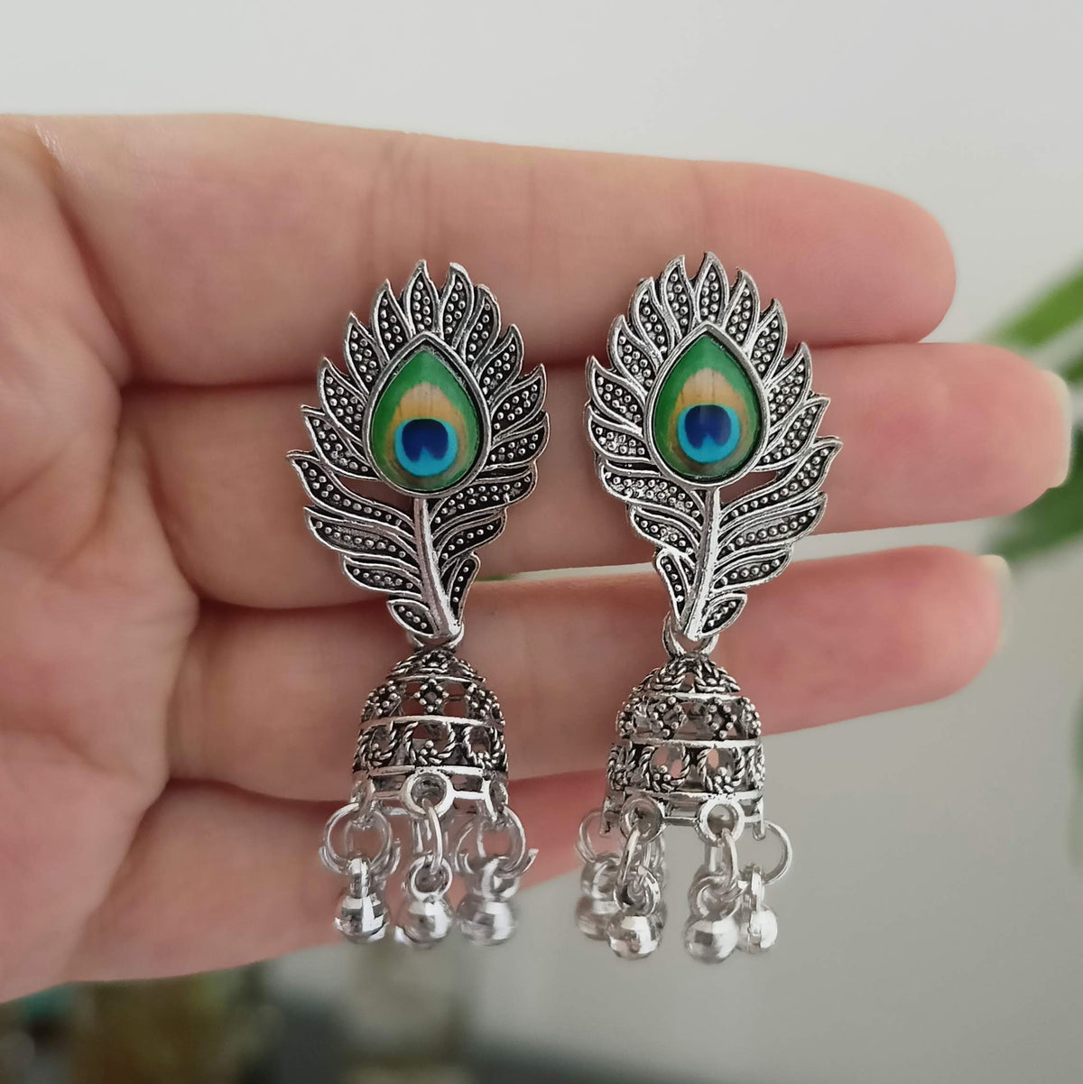 Peacock Sticker Jhumka Oxidised Silver Earrings