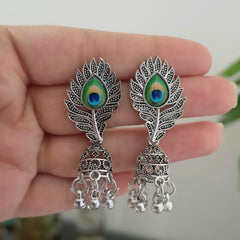Peacock Sticker Jhumka Oxidised Silver Earrings