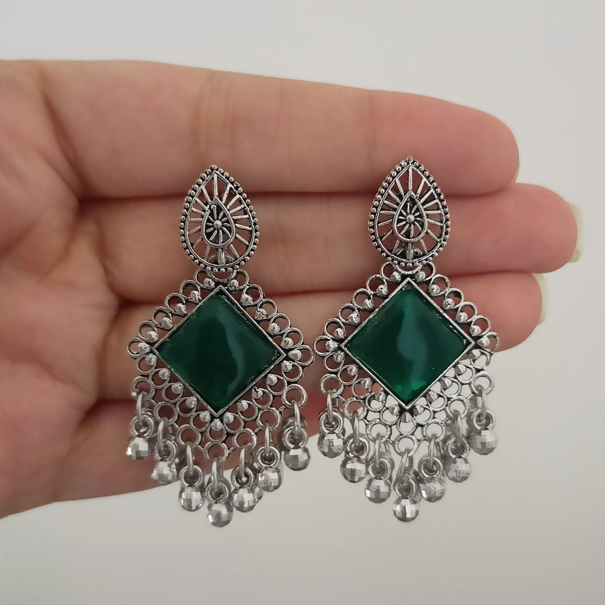 Green Color Stone Square Shape Oxidised Silver Earrings
