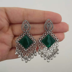 Green Color Stone Square Shape Oxidised Silver Earrings