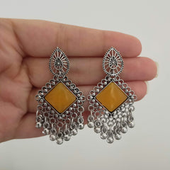 Yellow Color Stone Square Shape Oxidised Silver Earrings