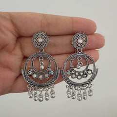 Rainbow Stone Studded Chaandbali Oxidised Silver Earrings