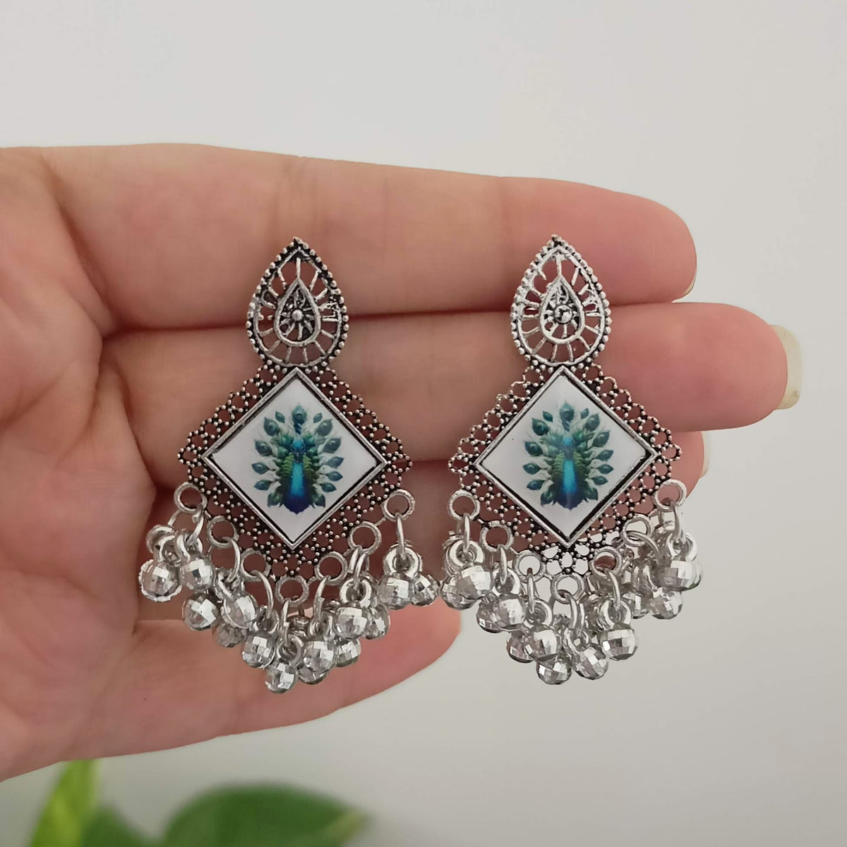 Dancing Peacock Design Sticker Oxidised Silver Earrings