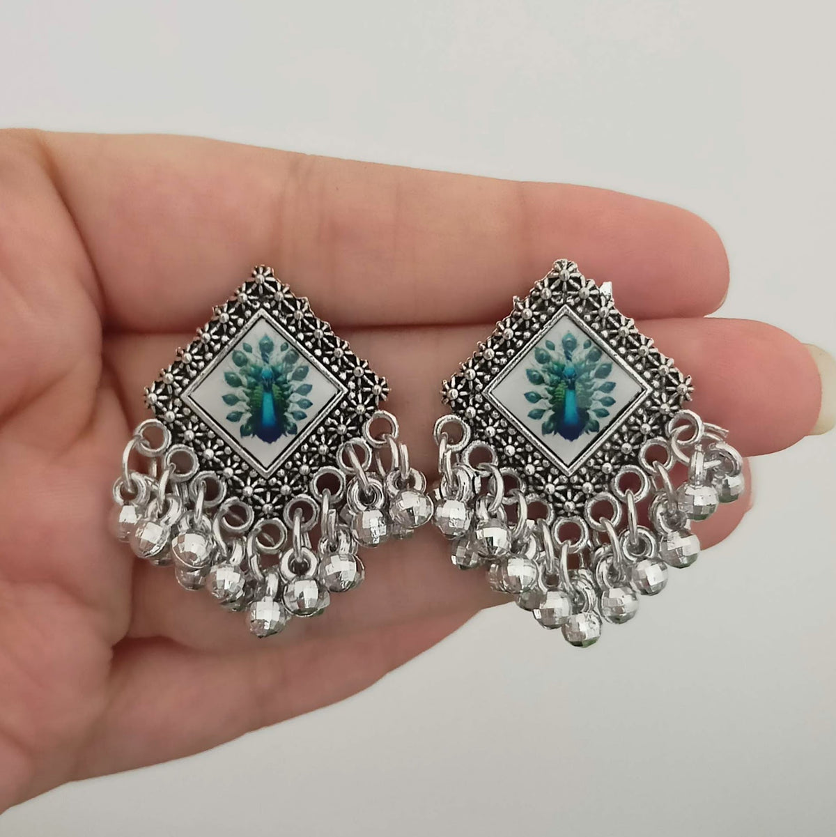 Festive Dancing Peacock Design Sticker Studs Oxidised Silver Earrings