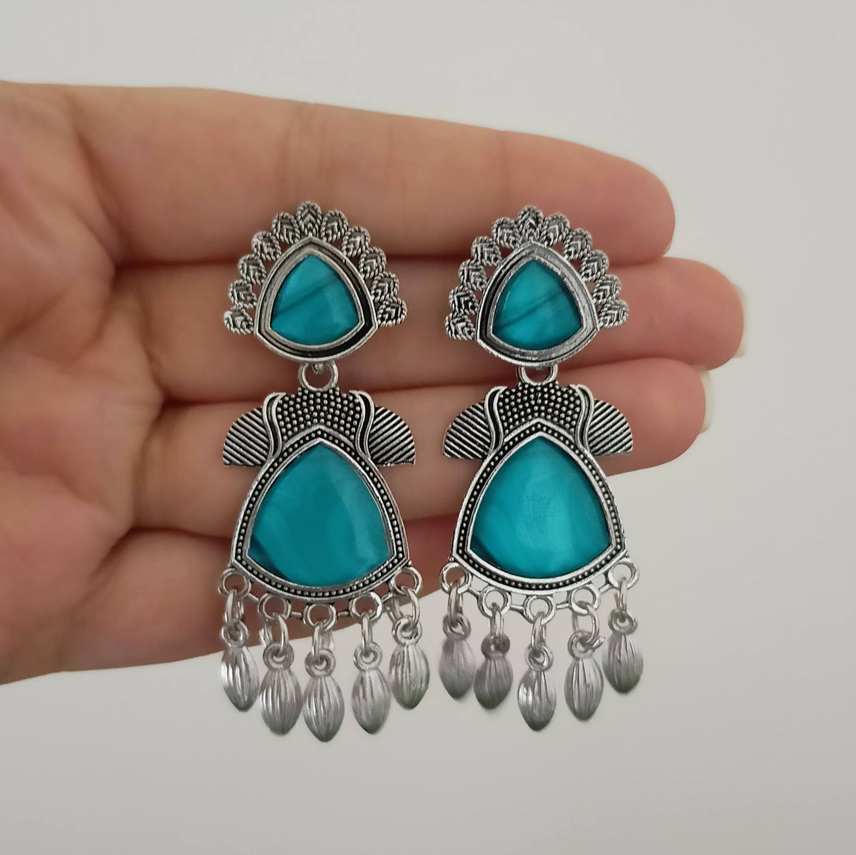 Blue Color Beautiful Oxidised Silver Earrings