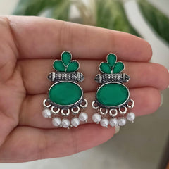Green Color Stone Oval Shape Oxidised Silver Earrings