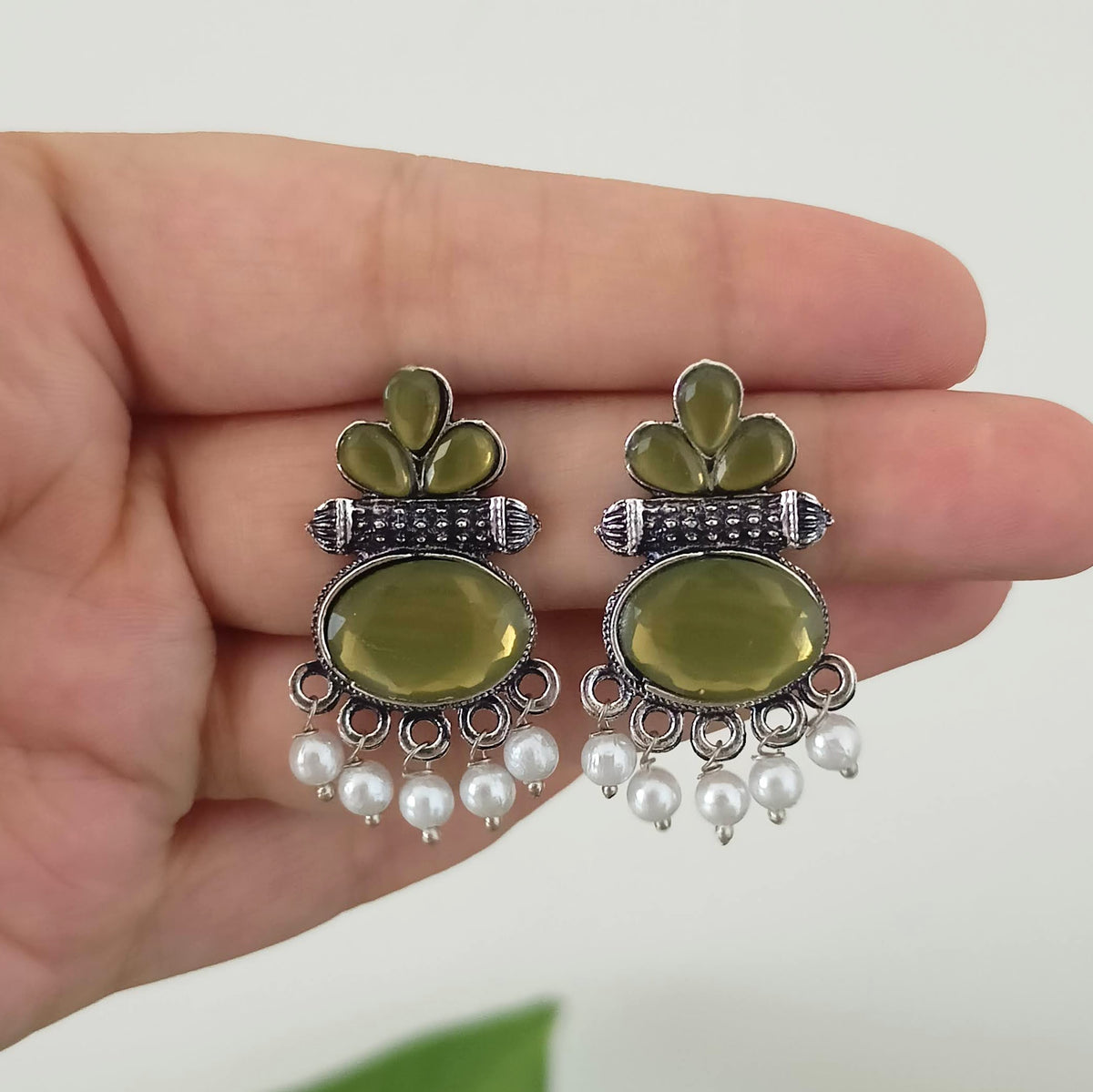 Mehendi Green Color Stone Oval Shape Oxidised Silver Earrings