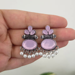 Light Purple Color Stone Oval Shape Oxidised Silver Earrings