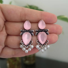 Baby Pink Color Stone Studded Beautiful Silver Oxidised Earrings