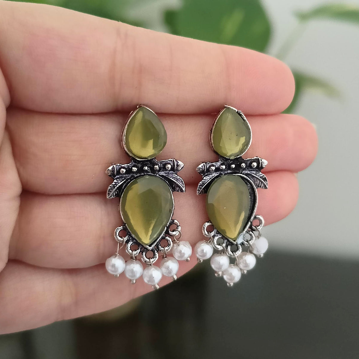 Olive Green Color Stone Studded Beautiful Silver Oxidised Earrings