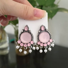 Baby Pink Color Stone Studded Round Shape Silver Oxidised Earrings