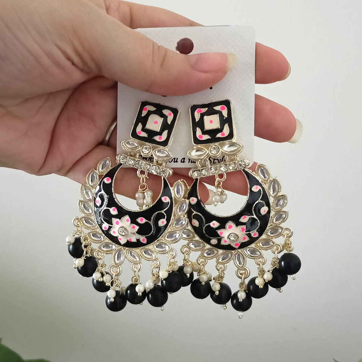 Black Color Drop Beads Meenakari Chaandbali Polki Kundan Traditional Golden Earrings