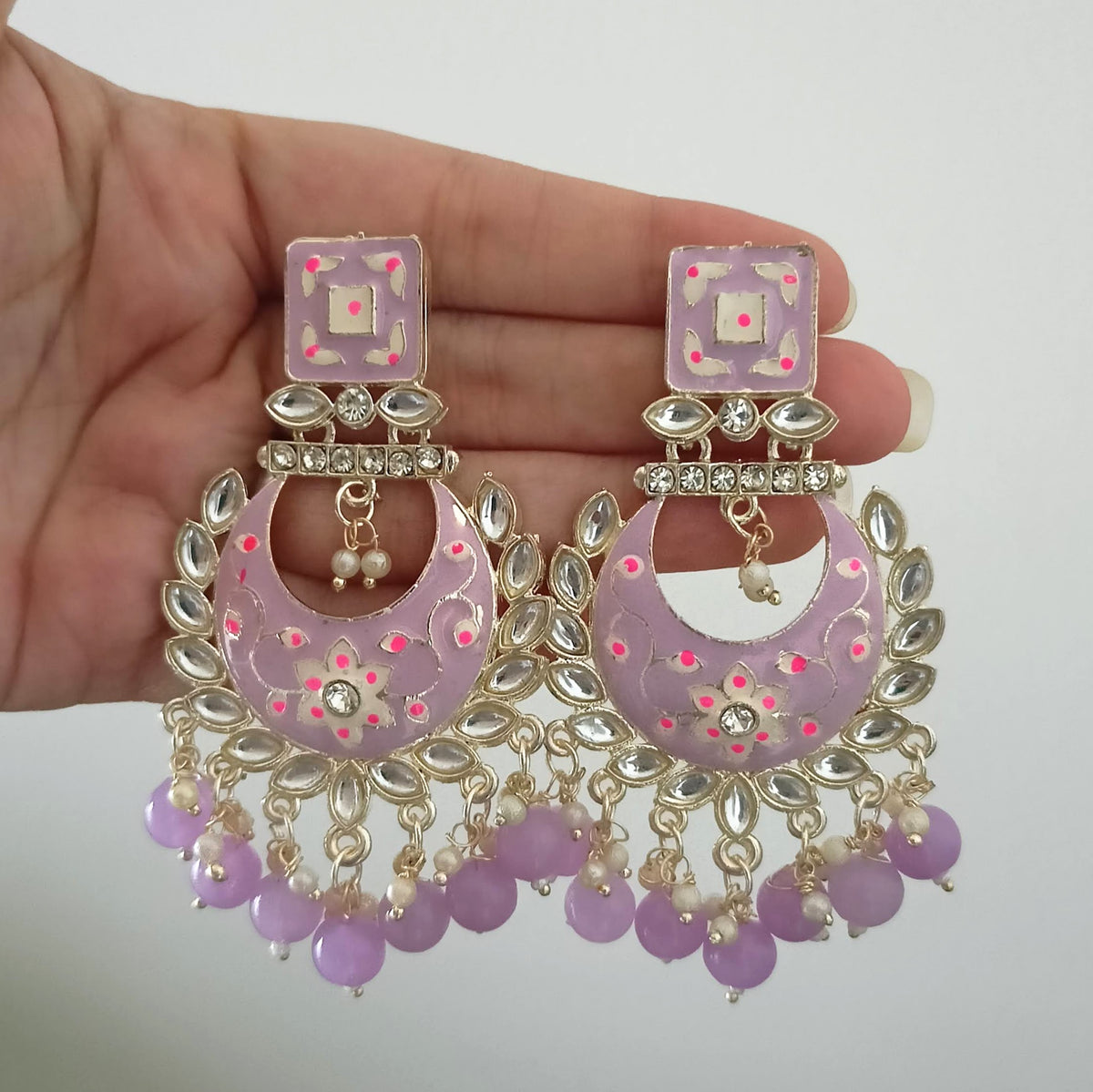 Purple Color Drop Beads Meenakari Chaandbali Polki Kundan Traditional Golden Earrings