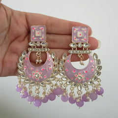 Purple Color Drop Beads Meenakari Chaandbali Polki Kundan Traditional Golden Earrings