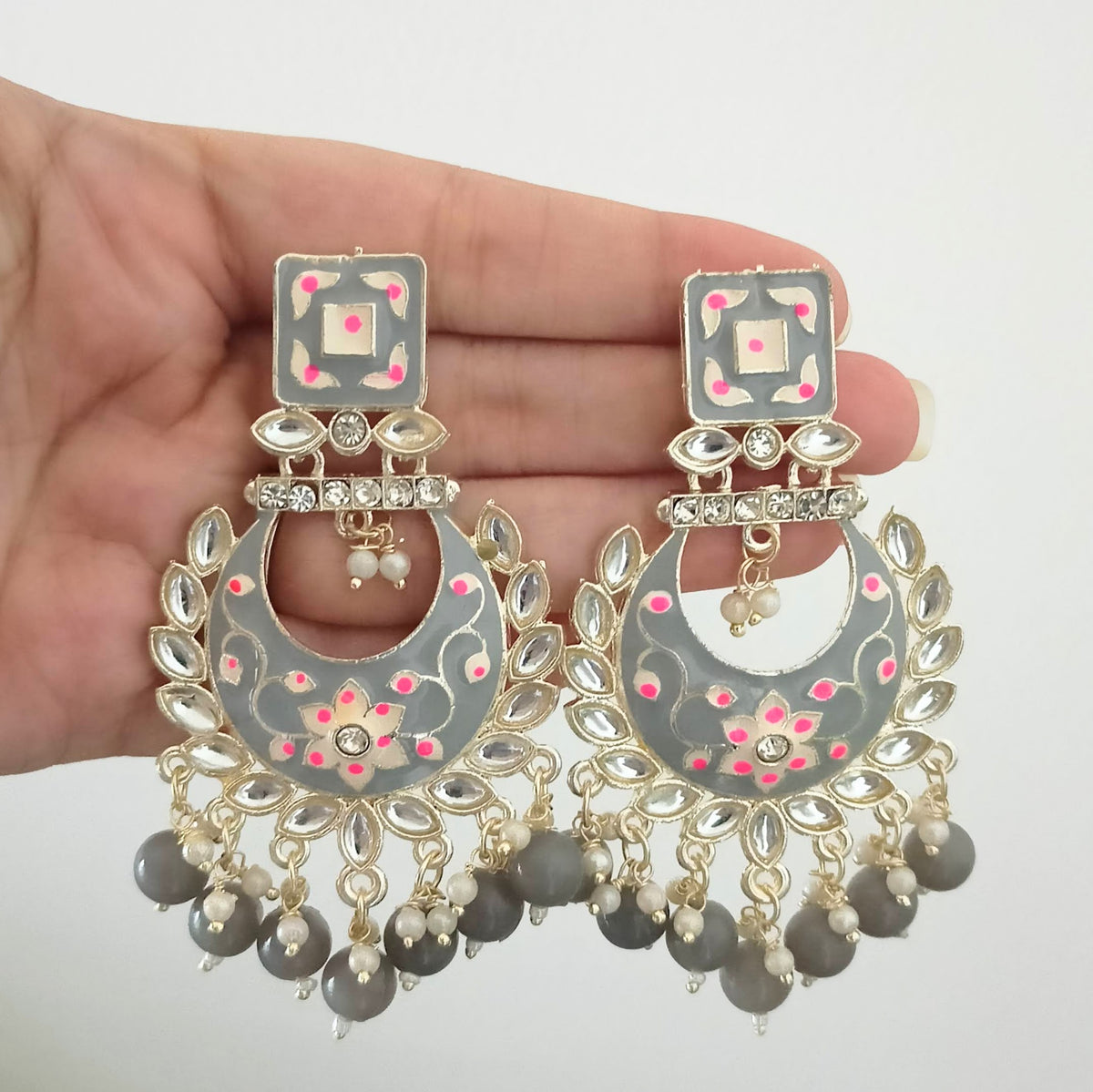 Grey Color Drop Beads Meenakari Chaandbali Polki Kundan Traditional Golden Earrings