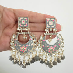 Grey Color Drop Beads Meenakari Chaandbali Polki Kundan Traditional Golden Earrings