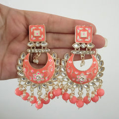 Orange Color Drop Beads Meenakari Chaandbali Polki Kundan Traditional Golden Earrings
