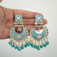 Blue Color Drop Beads Meenakari Chaandbali Polki Kundan Traditional Golden Earrings