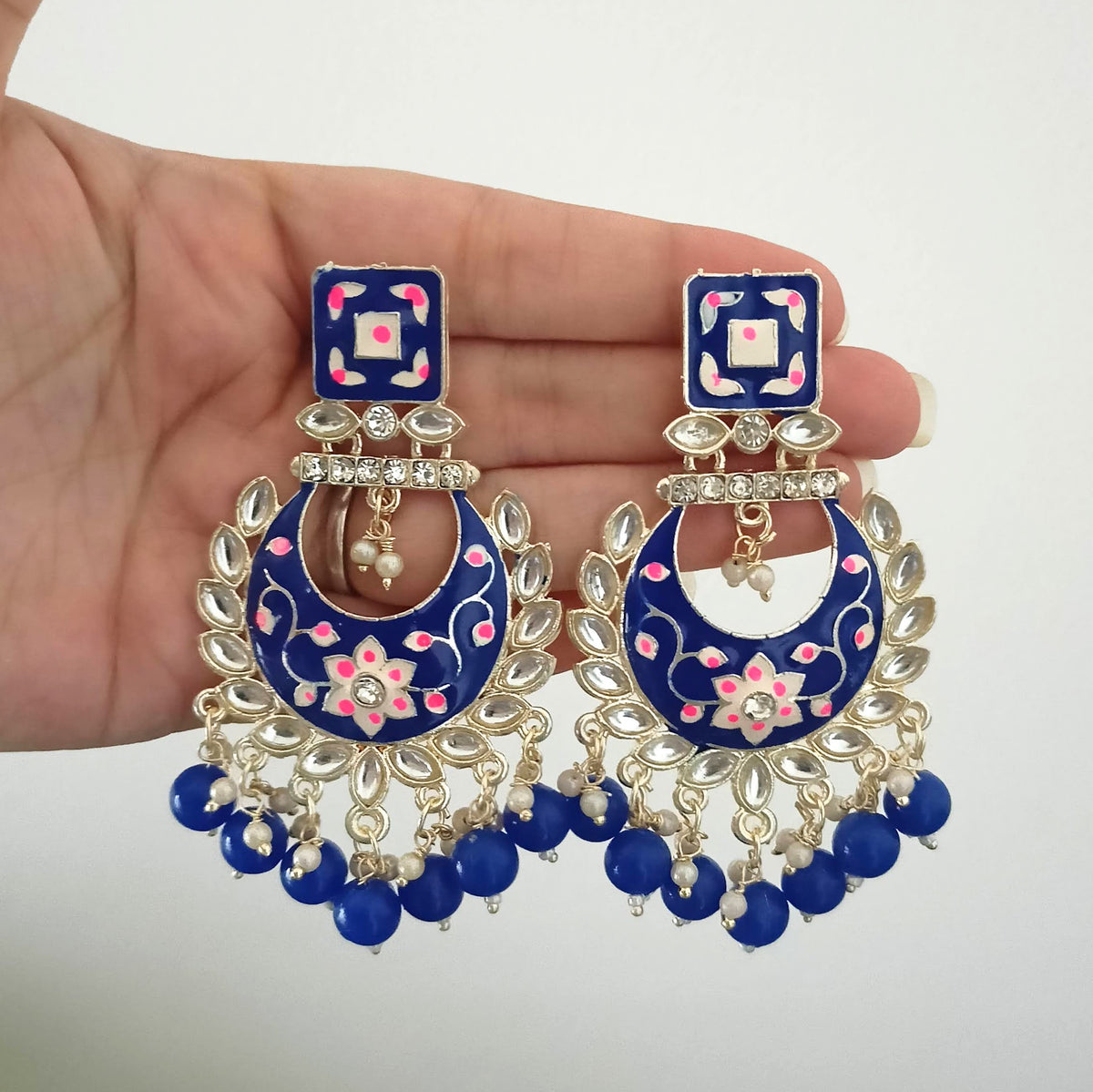 Royal Blue Color Drop Beads Meenakari Chaandbali Polki Kundan Traditional Golden Earrings