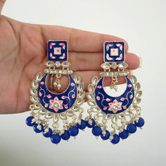 Royal Blue Color Drop Beads Meenakari Chaandbali Polki Kundan Traditional Golden Earrings