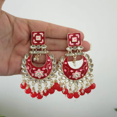 Red Color Drop Beads Meenakari Chaandbali Polki Kundan Traditional Golden Earrings