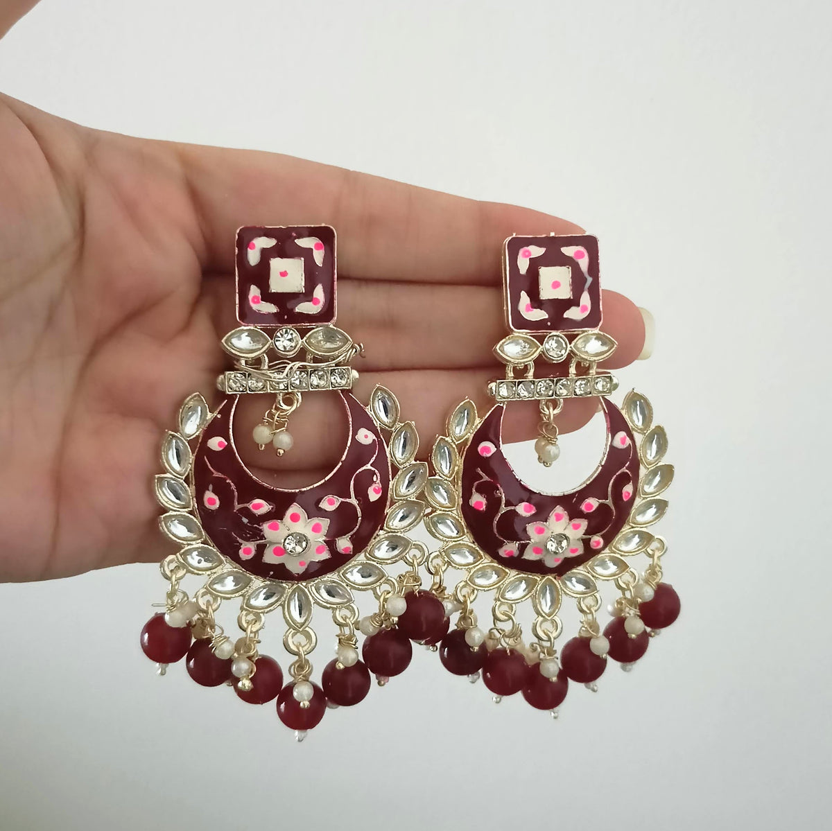 Dark Red Color Drop Beads Meenakari Chaandbali Polki Kundan Traditional Golden Earrings