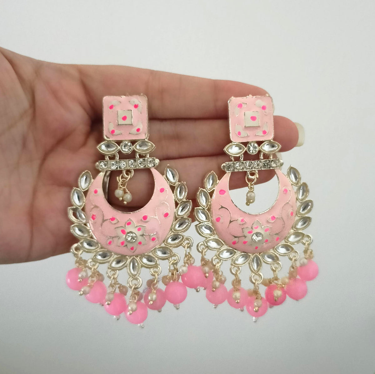Baby Pink Color Drop Beads Meenakari Chaandbali Polki Kundan Traditional Golden Earrings