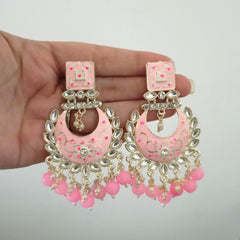 Baby Pink Color Drop Beads Meenakari Chaandbali Polki Kundan Traditional Golden Earrings